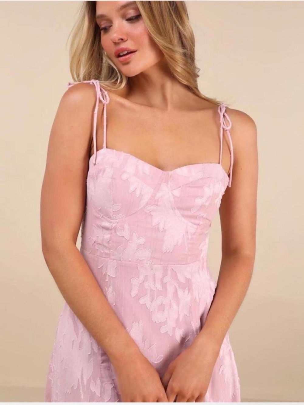 Lulus Lovelies Looks Blush Pink Floral Jacquard Tie Strap Midi Dress - Picture 3 of 4